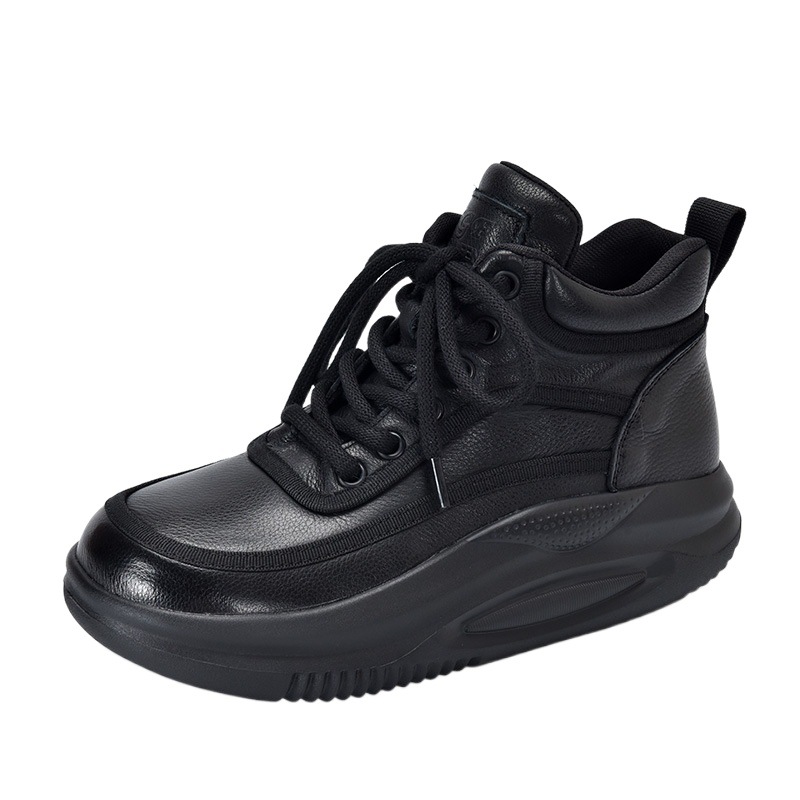 Autumn and Winter Genuine Leather Retro Lace-Up Short Boots Design Platform Thick-Soled Women's Leather Boots Round-Toe Lace-Up Boots