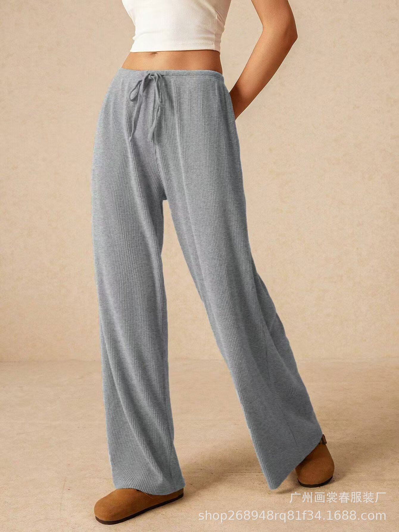 Amazon Cross-border Foreign Trade New European and American Women's Solid Color Nose Waist Drawstring Wide Leg Casual Pants