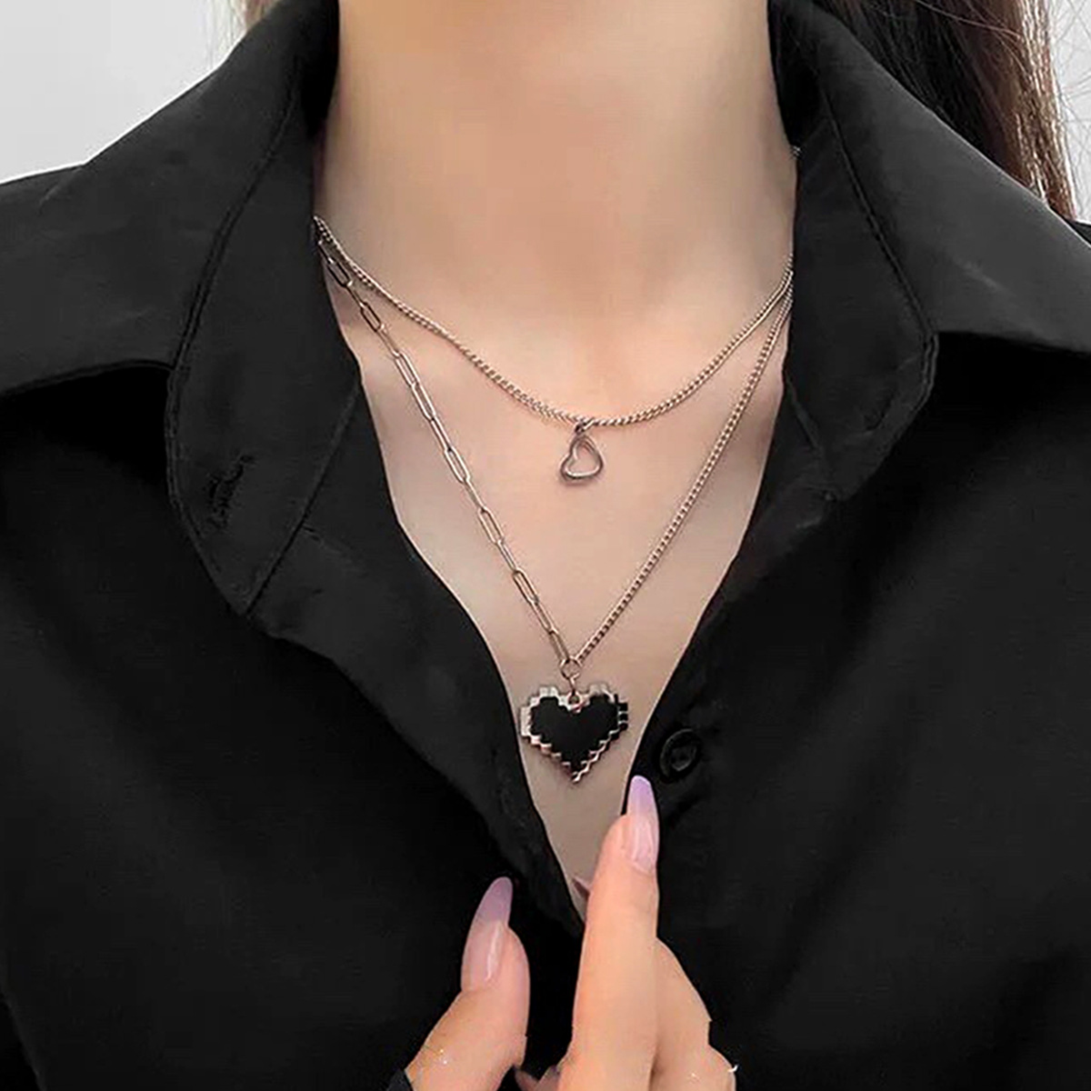 Valentine's Day Fashion Black Mosaic Love Pixel Heart Double Layer Stacked Wear Ins Fashion Elegant Hip Hop Necklace
