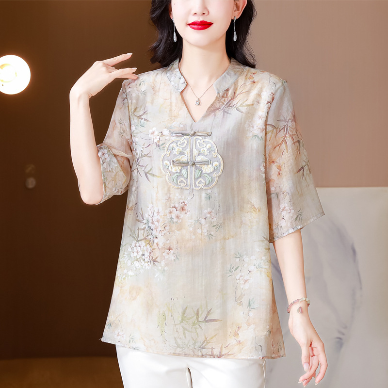 Mom Summer Clothes 2024 New Short-Sleeved Chiffon Shirt Fashionable National Style New Chinoiserie Middle-Aged and Elderly T-Shirt Tops for Women