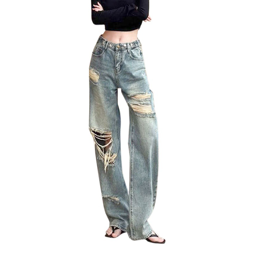 Hong Kong style frayed ripped design Denim trousers women's hot girl all-match high waist adjustable spring New straight trousers