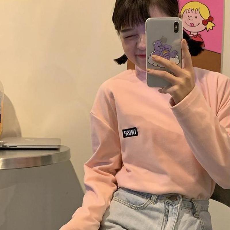 Double-sided Velvet Solid Color Letter Embroidered T-shirt Women's Long-sleeved Autumn and Winter New fleece-lined Warm Inner Base Top