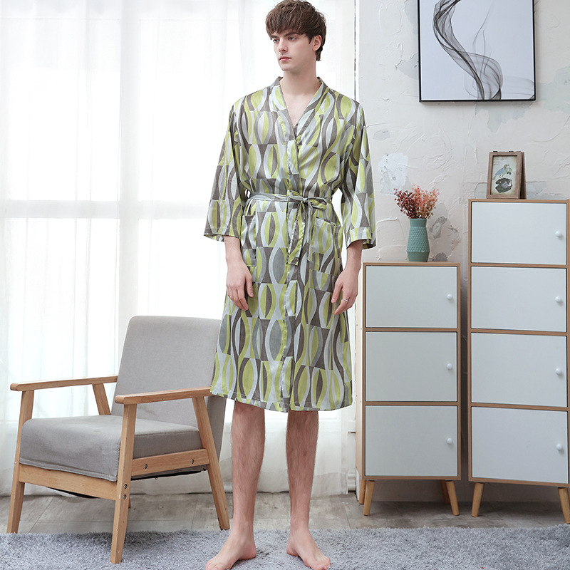 Picture of Couple ice silk bathrobe women's summer thin digital printing artificial silk nightgown men's plus size pajamas spring and autumn
