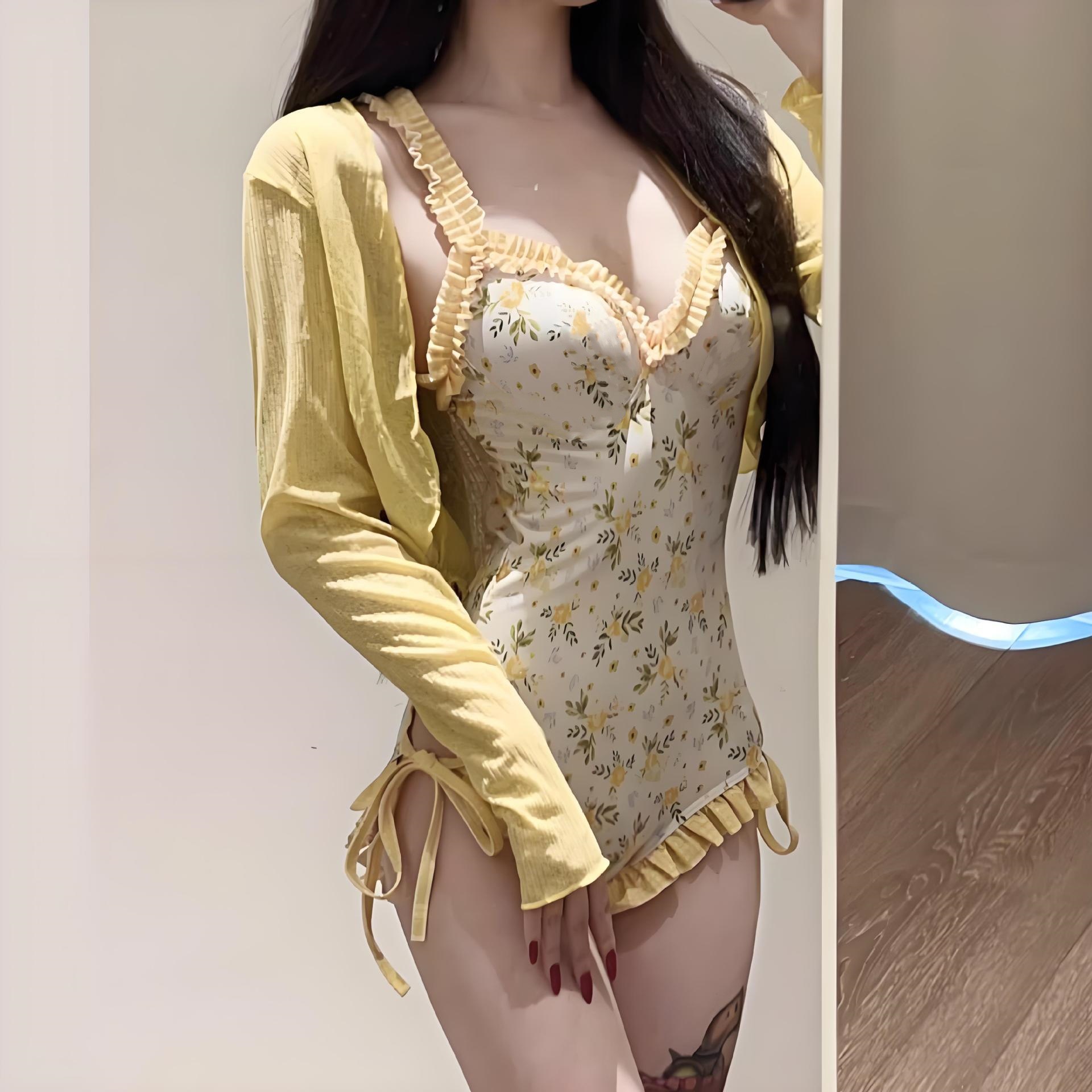 Han Ins Style Sweet Sexy Floral one-piece Swimsuit Cute Pure Desire Conservative Slim-looking Flesh-covered Long-sleeved Blouse Swimwear