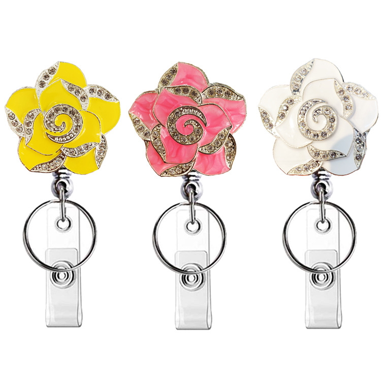 Picture of Silver Electroplating easy pull buckle metal color rhinestone drop oil rose Camellia retractable buckle easy pull ID buckle