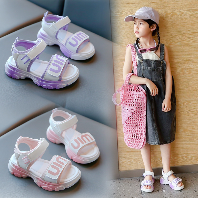 Girls' Sandals 2024 New Soft Sole Sports Beach Shoes Summer Middle and Big Kids Fashion Anti-slip Shoes Children's Princess Shoes