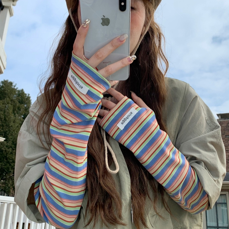 Korean Style Striped Sun Protection Sleeves Women's Ice Sleeves Outdoor Driving and Riding UV Protection Loose Hand Sleeve Hand Guard