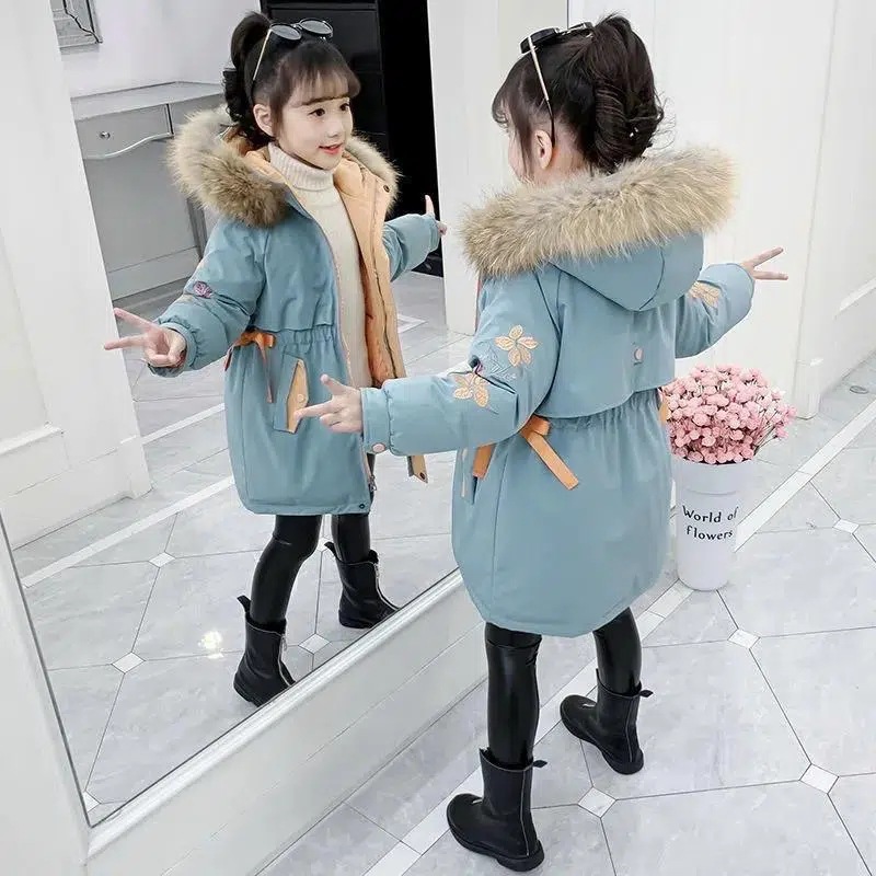 Girls' winter cotton-padded jacket 2024 new Korean fashion embroidered cotton-padded jacket large thick wool collar cotton-padded jacket for large children