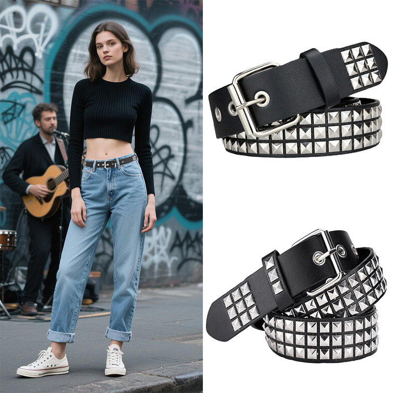Cross-Border Y2K Rivet Belt Square Bead Couple Student Versatile Pants Belt Pyramid Belt European and American Punk Style Women