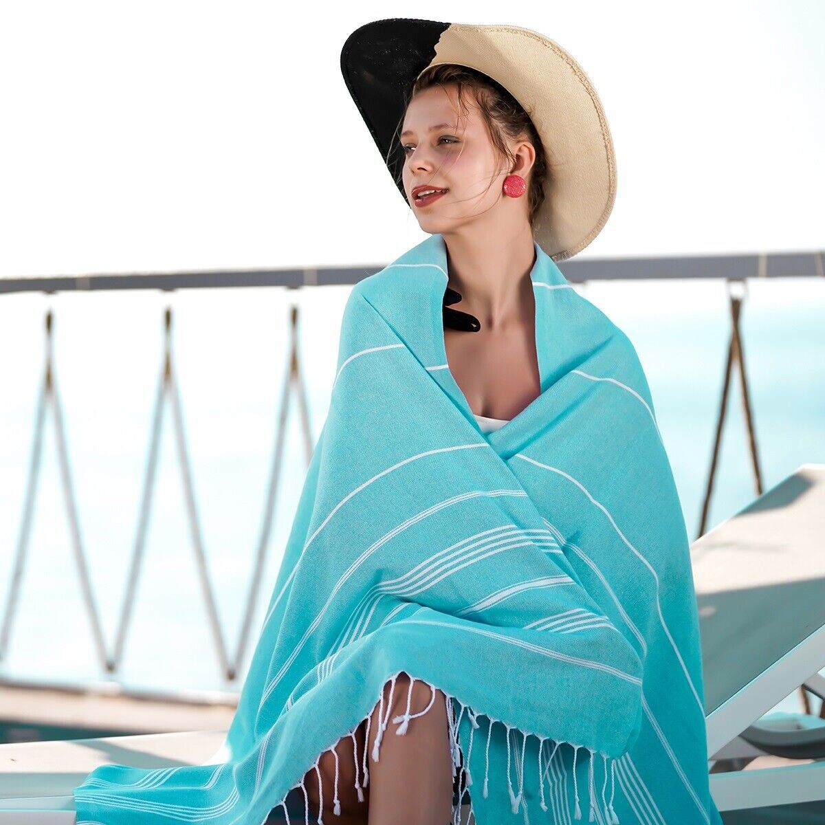 Picture of Turkey Beach Towel Turkey Towel Ears Tassel Beach Towel Striped Bath Towel Quick-Drying Customizable Embroidered