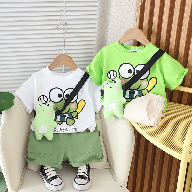 Boys Summer Short-sleeved Suit New Children Korean Handsome Boys Summer Frog Baseball Bat Short-sleeved Suit Trendy