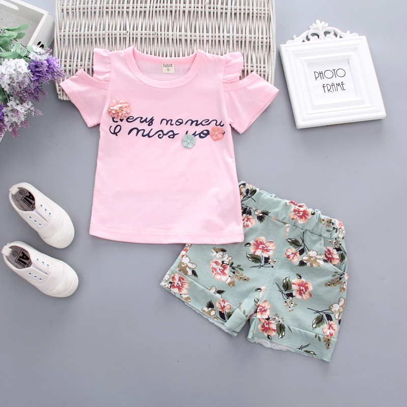 Summer Trendy Children's New Short-sleeved Girls' Breathable English Round Neck Short-sleeved Casual Shorts Children's Suit Trendy Hair