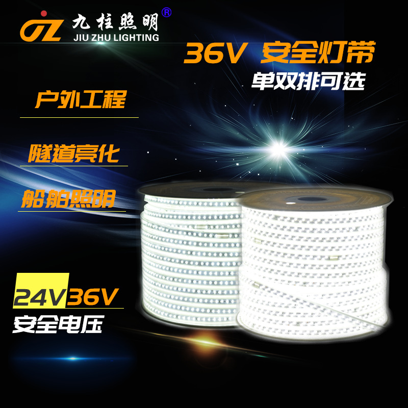 36V Led Strip Light with Led2835, Single or Double Row, for Basement, Construction Site, Tunnel, Ship Lighting, Encapsulated, Outdoor Waterproof, No Voltage Drop