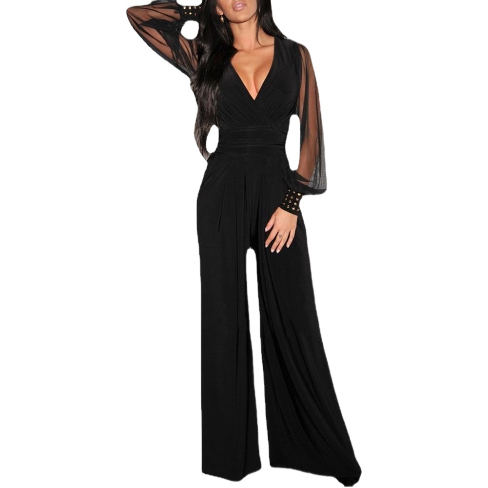 2023 European and American Amazon wish AliExpress V-neck Mesh Stitching Fashion Sexy Rivet Straight Pants