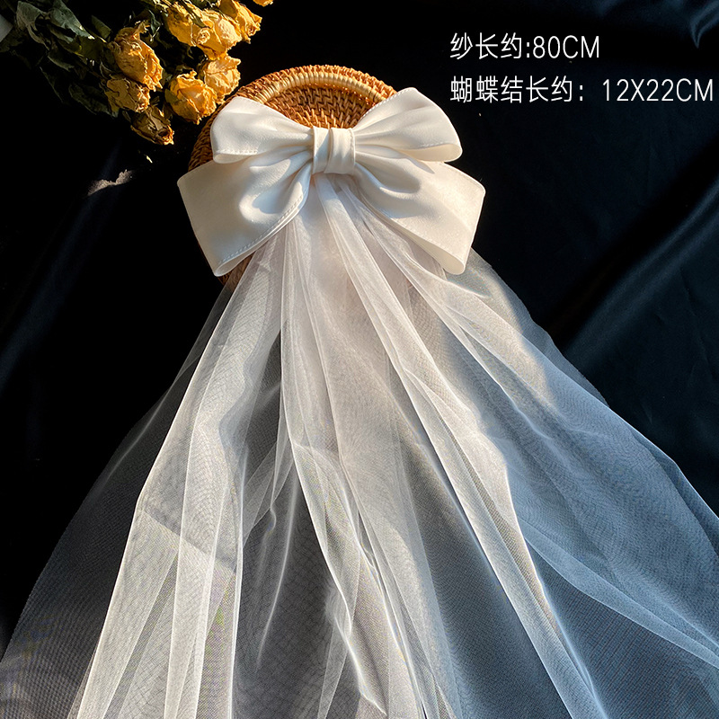 Picture of 2024 New Arrival Bow Veil Super Fairy Wedding Travel Photo White Satin Mesh Hairpin Bridal Hair Accessories