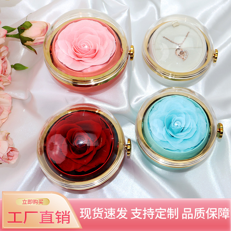 Cross-Border Valentine's Day Gift Round Rose Eternal Flower Jewelry Gift Box High-End Acrylic Rotatable Jewelry Box