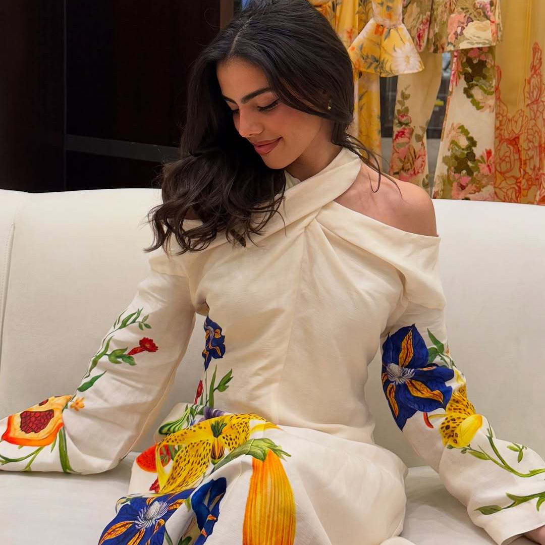 Cross-Border Spot Women's Clothing 2025 New Elegant and Fashionable Positioning Bright Printed Cross Collar Off-Shoulder Dress Long Skirt