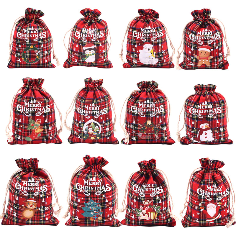 Christmas Red Plaid Cotton Drawstring Flap Pocket Pants Set Ready-Made Cotton and Linen Bag Christmas Packaging Gift Bag Candy Drawstring Bag