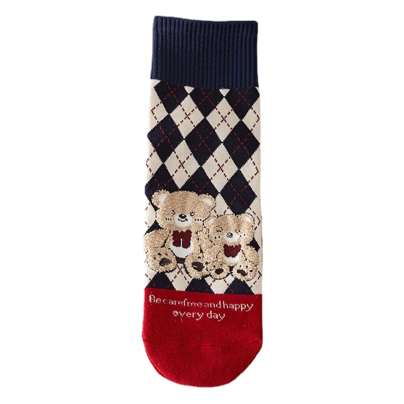 Socks Women's Checkerboard Bear Long Straight Socks Autumn and Winter Women's Socks Cute Bear Socks Rabbit Head and Color Collocable Socks