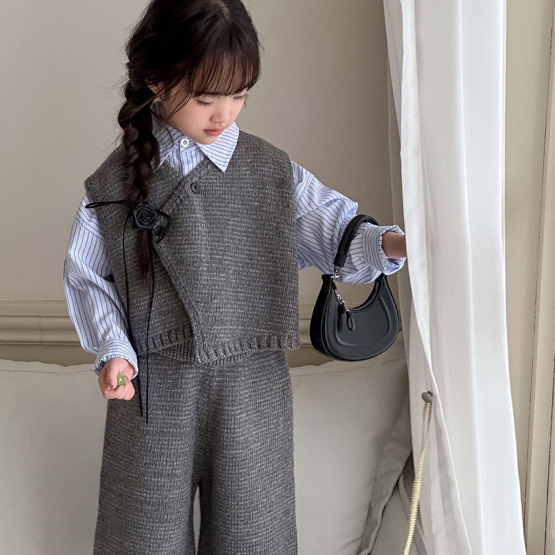 2025 Spring and Autumn New Korean Style Casual and Easiest for Match Children's Vest Vest Knitted Pants Two-Piece Trendy Girls Suit
