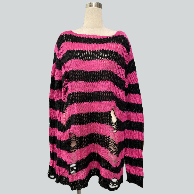Picture of Mohair New European and American Export Loose Stripesd Knitwear Women's Mid-Length Pullover Hole Thin Cross-Border Knitwear