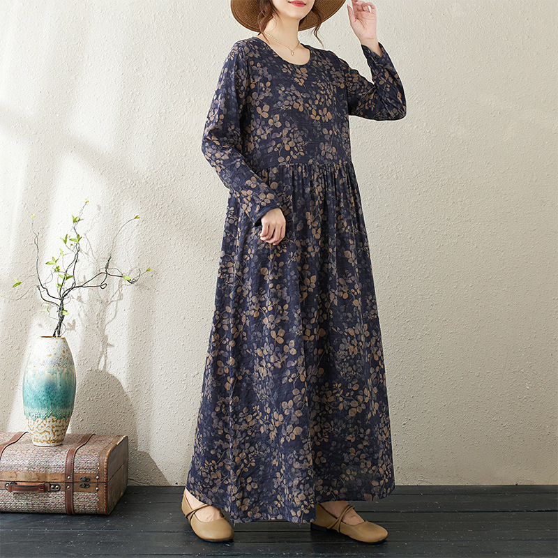 Foreign Trade dress Women's Autumn New Printed Color Holiday Style Travel Crewneck Retro Long Dress Covering Pork Cotton Linen dress