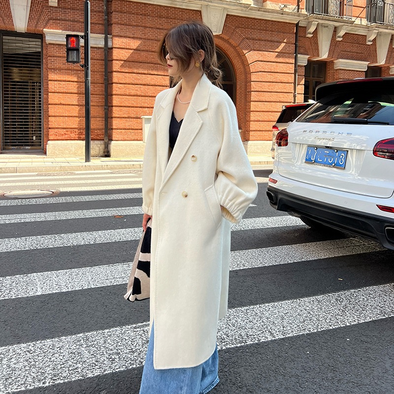 2024 New Women's Cashmere Double-Breasted Elastic Cuff Large Lapel Cashmere Extended Straight Lapel Coat