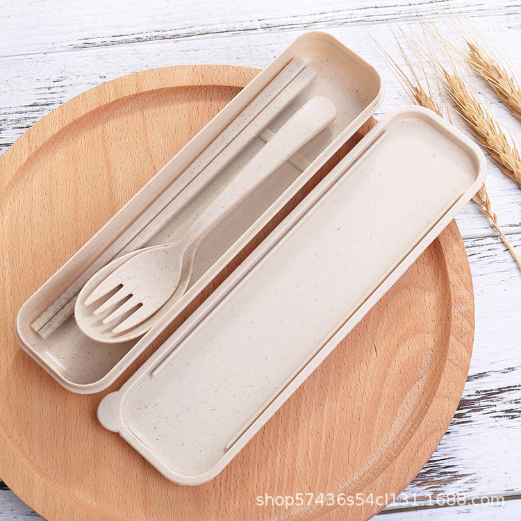 Picture of Wheat Straw Tableware Fork, Spoon and Chopsticks Three-Piece Set Scandinavian Color Kidsren's Outdoor Travel Picnic Portable Tableware Set