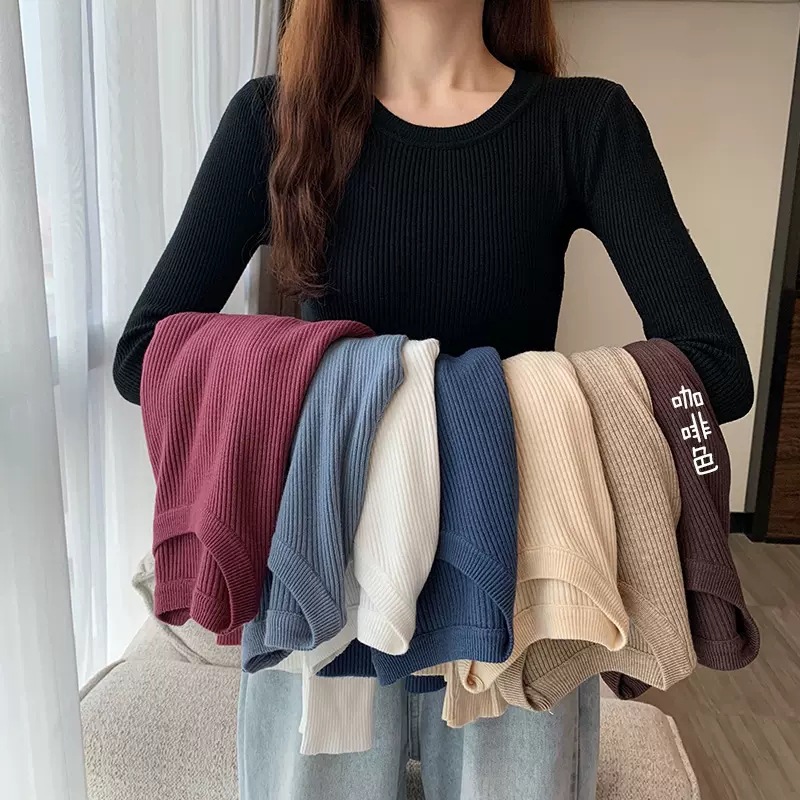 Picture of Sweater 2023 autumn new women's slim-fit black undershirt Western style round neck long sleeve early autumn knitted top