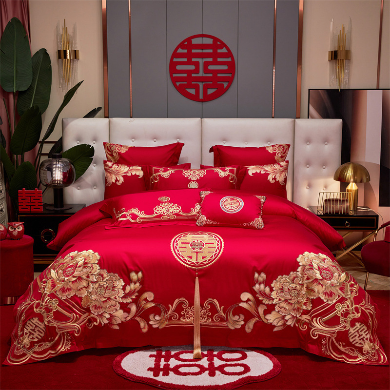 Picture of Advanced Sense Simple Red Wedding Four-piece Set Cotton Embroidered Wedding Quilt Cover Cotton Wedding Bedding for Wedding Room