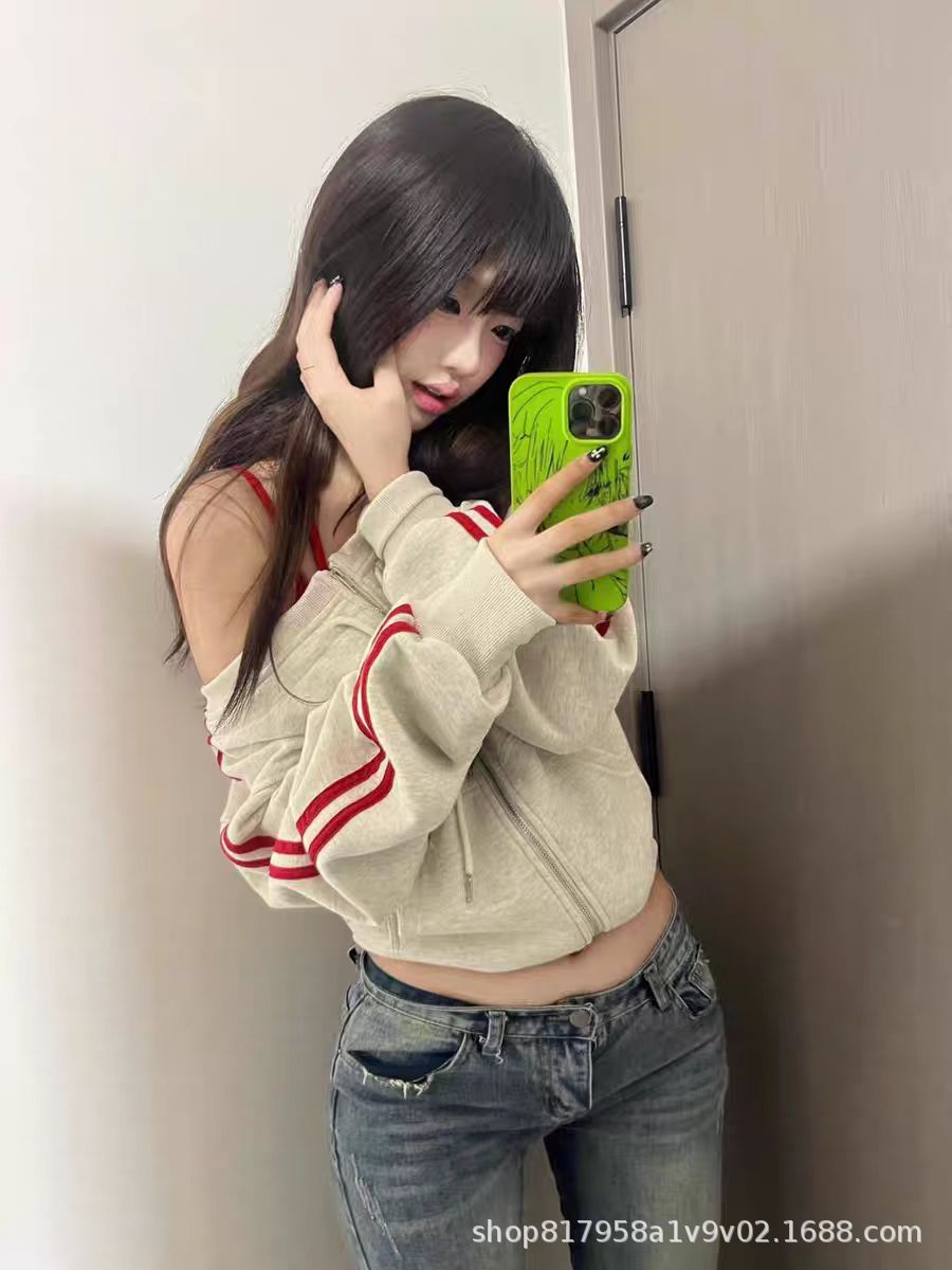Picture of American Style One-word Collar Shoulder Long-sleeved Sweatshirt Women's 2025 New Spring and Autumn Spice Girl Casual Slim-fit Sports Slim Top