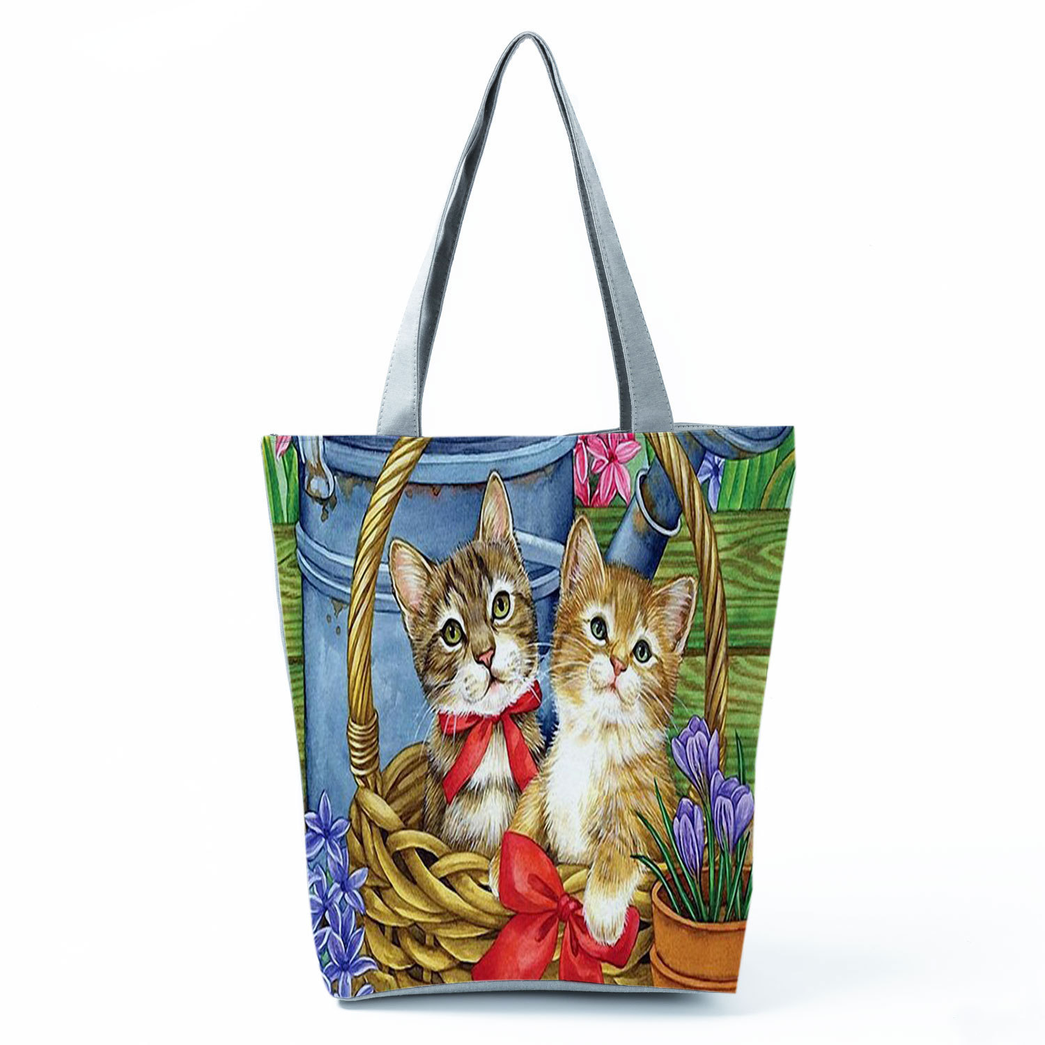 Picture of New cute flower cat printed shoulder bag portable travel storage bag large capacity outdoor tote bag