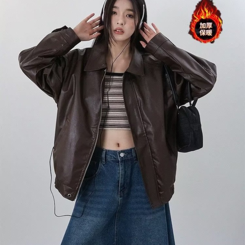 Picture of Cross-Border Hong Kong Style Brown Leather Jacket for Women 2023 New Autum American Retro Street Sweet and Cool Motorcycle Pu Wallet