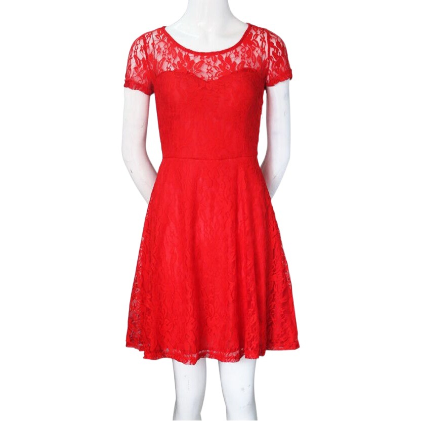 2022 European and American hot sale New temperament fashion round neck short sleeve blue lace dress factory in stock