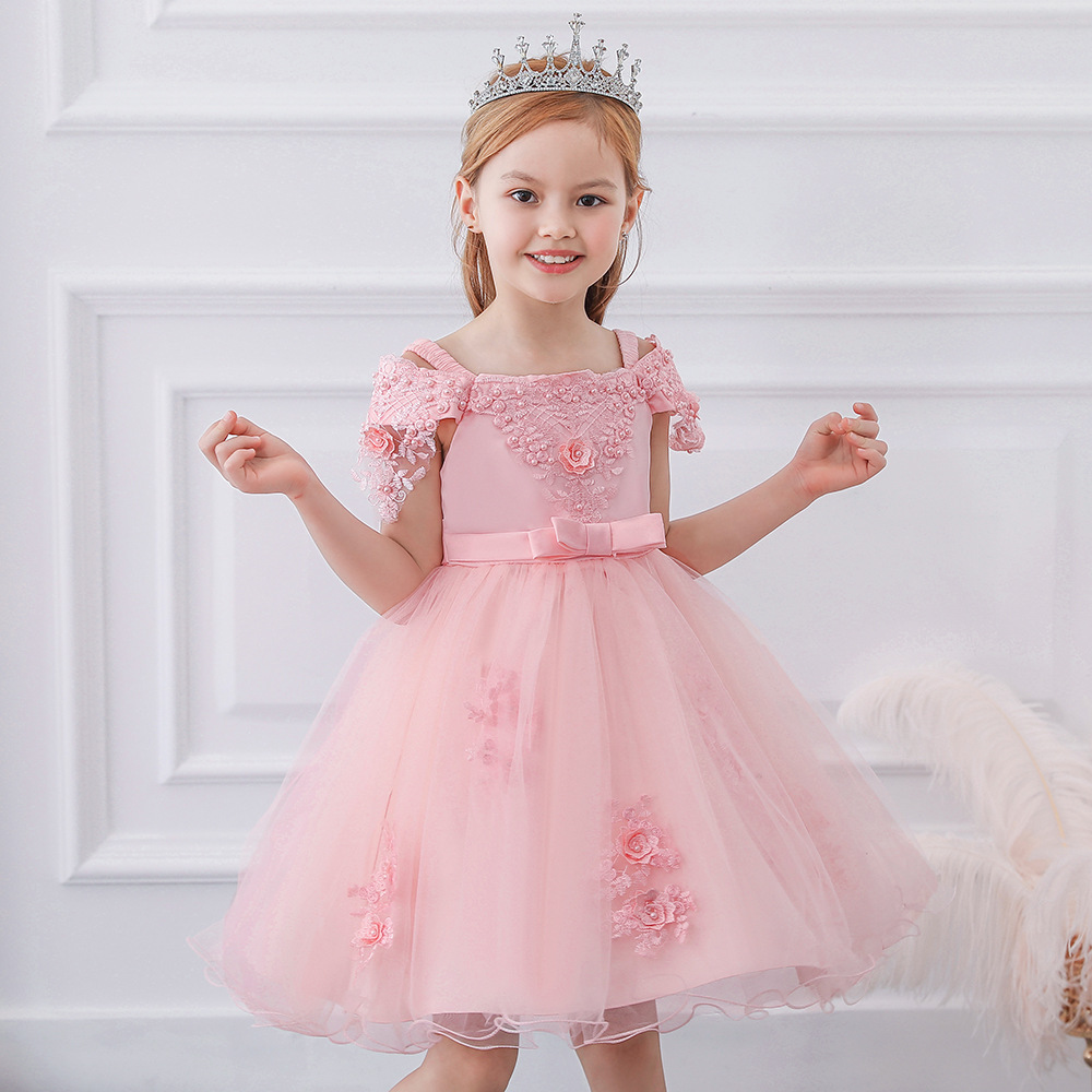 Children's Dress Bow Flower Girl's Dress Puffy Wedding Dress Beaded Flower Small Host Dress off-shoulder Princess Dress