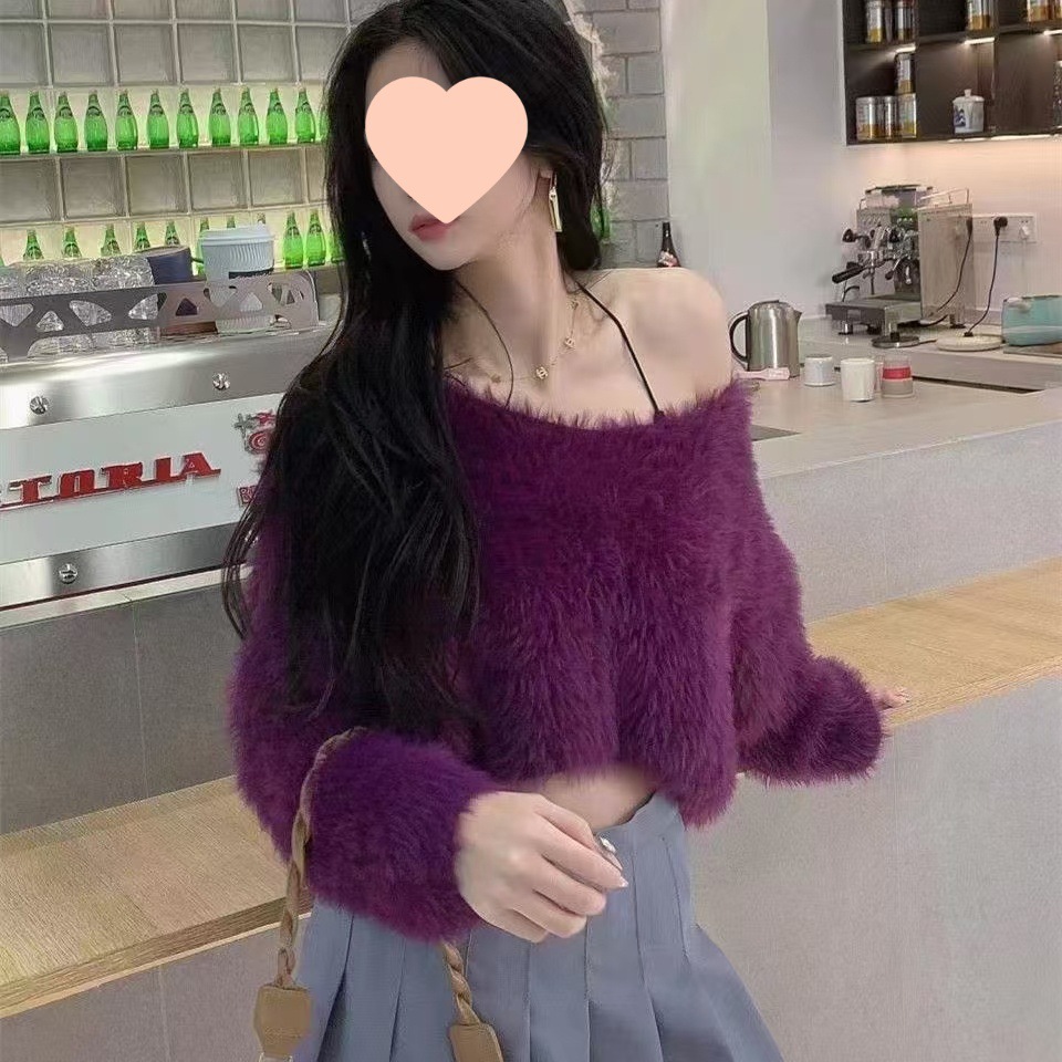 Picture of Lazy Style Soft Waxy Mink Velvet Short Knitwear for Women Autumn and Winter New Loose Off-Shoulder Inner Knitwear Long-Sleeved Top