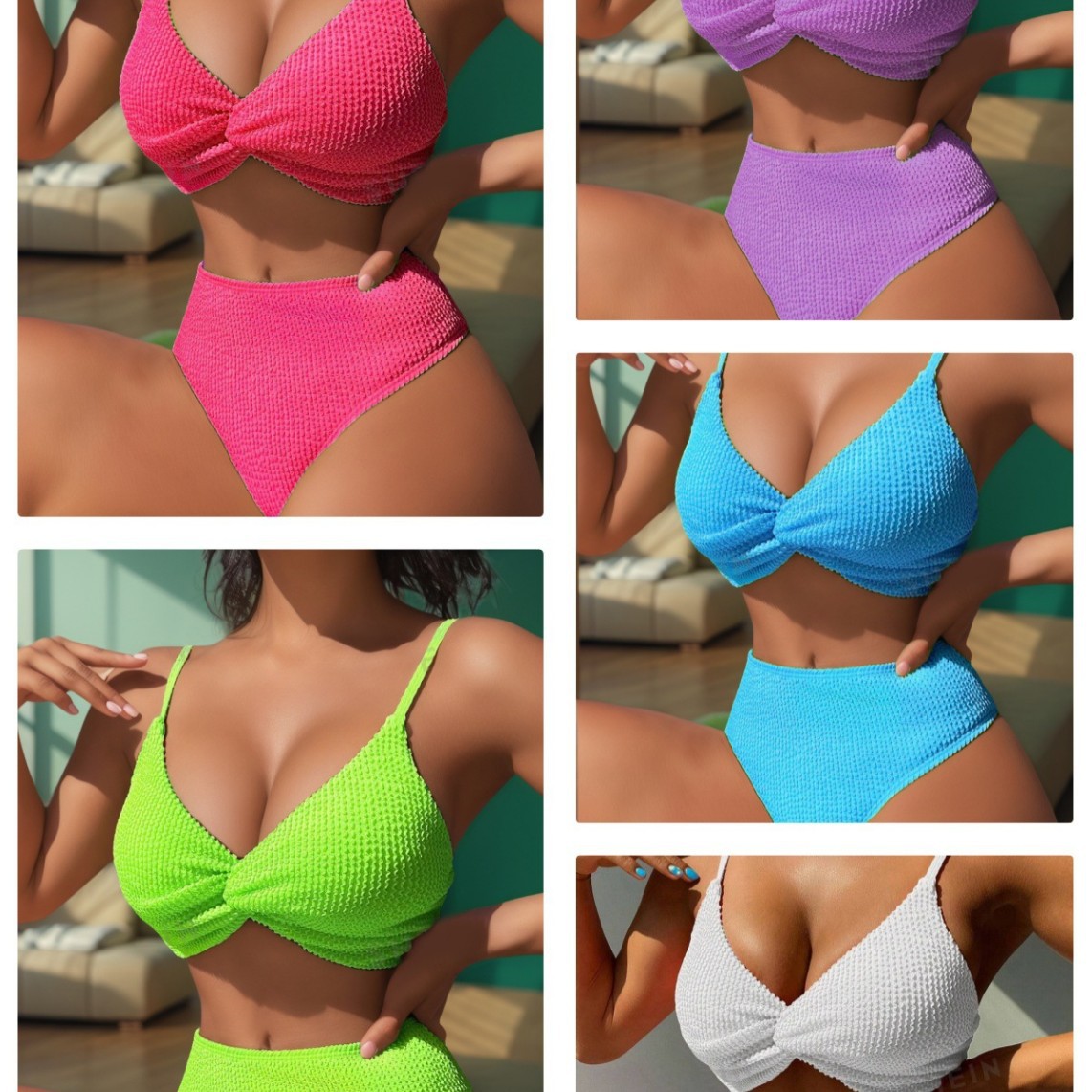 Cross-border 2025 European and American Foreign Trade New Solid Color Double Shoulder Strap Low-cut Amazon Bikini High Waist Split Swimsuit for Women