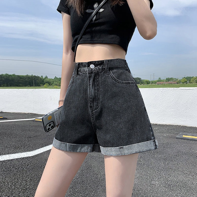 Denim Shorts Women's Korean-style Thin Summer Dress chic Black Grey Wide Legs All-match Slimming Straight High Waist Curled Hot Pants for Women