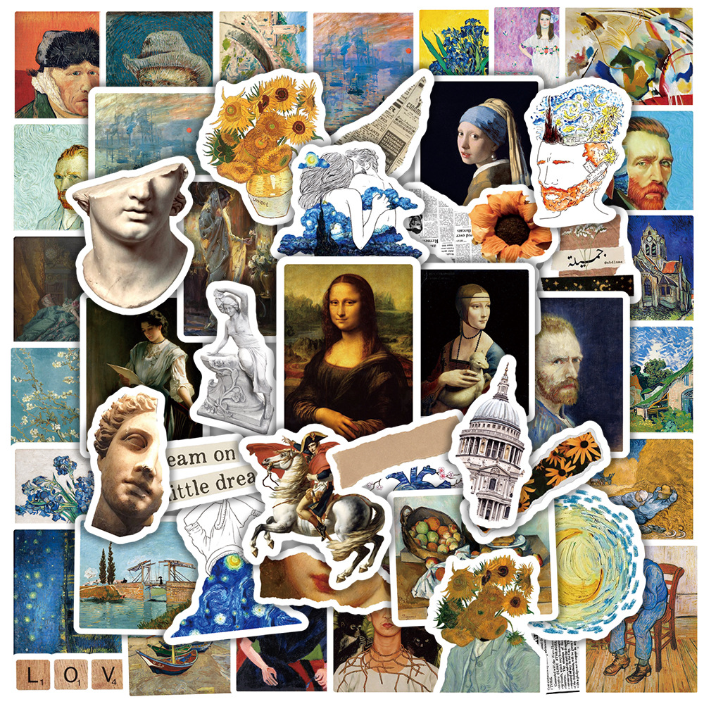50 sheets Vintage Van Gogh Graffiti Stickers Mona Lisa Art Feng Shui Cup Luggage Laptop Stickers