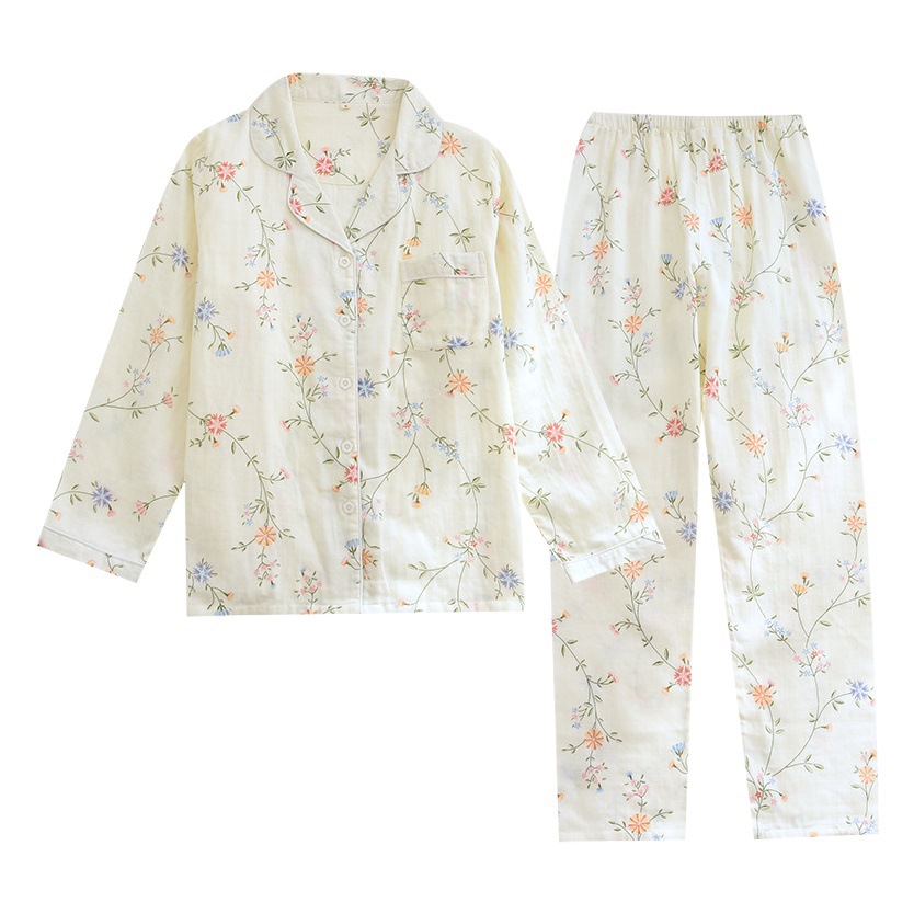 Pajamas for Women, Pure Cotton Gauze, Spring and Summer Fresh Cotton Lapel Suit, Long-Sleeved Loose, Fresh and Simple Home Wear Suit