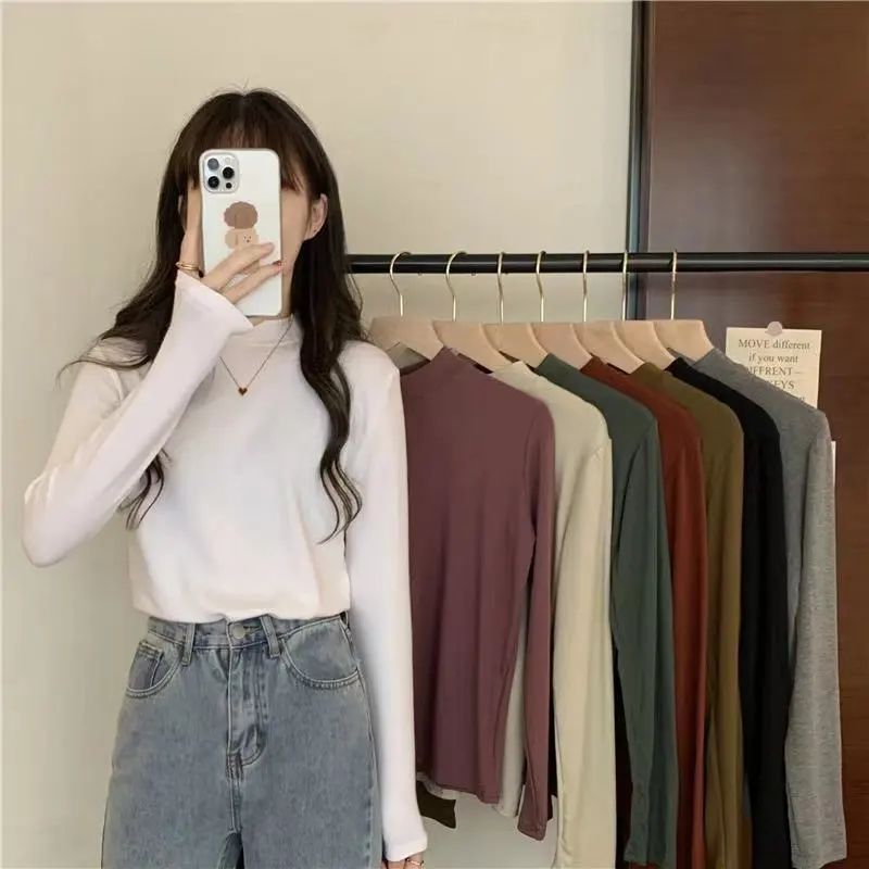 Double-sided velvet warm bottoming shirt women's autumn and winter Korean version of the latest half-high collar high-end slim-fit top trendy