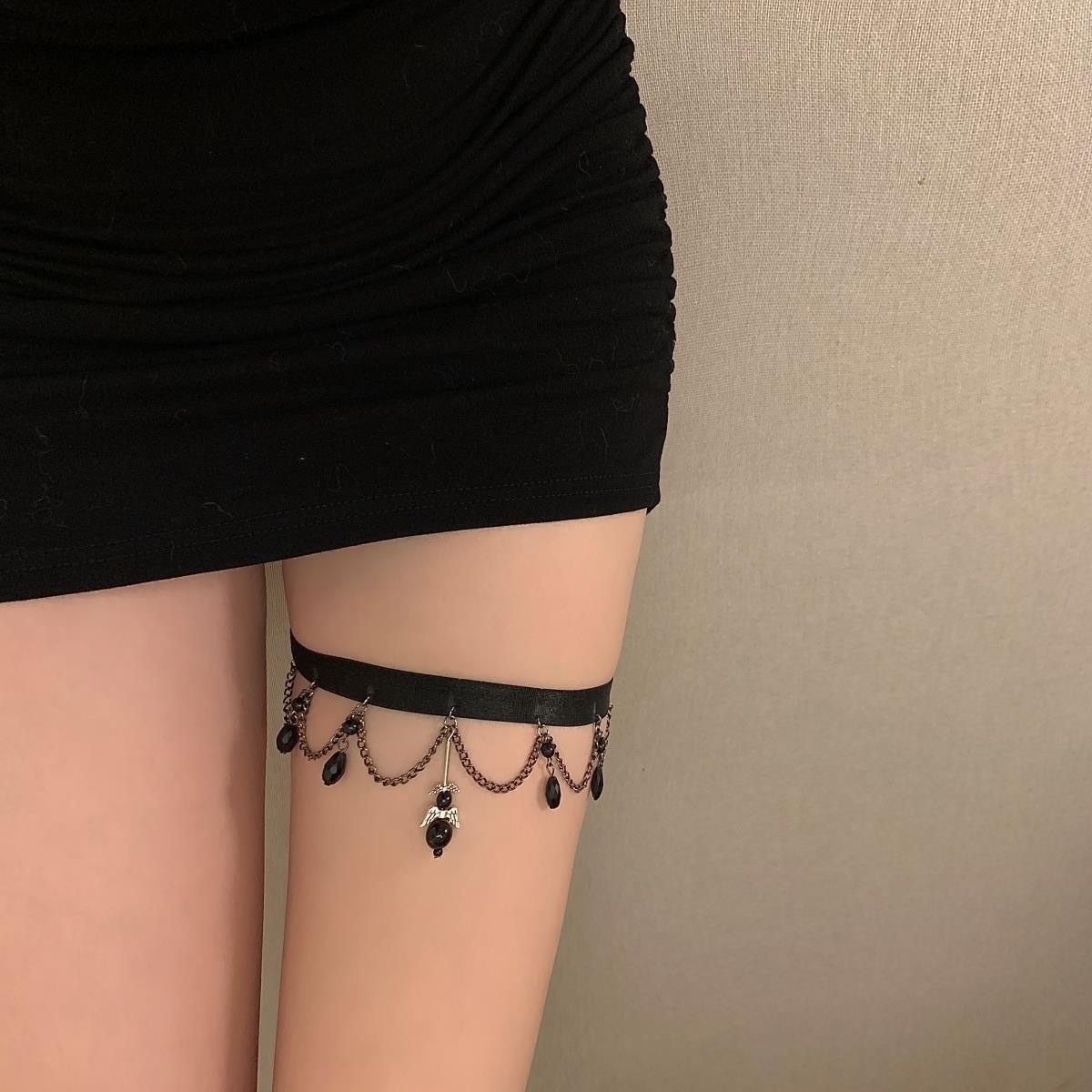 Black Sexy Multi-Layer Rhinestone Tassel Leg Ring Chain Diablo Japanese Punk Pure Desire Leg Ornament Leg Ring Decoration for Women