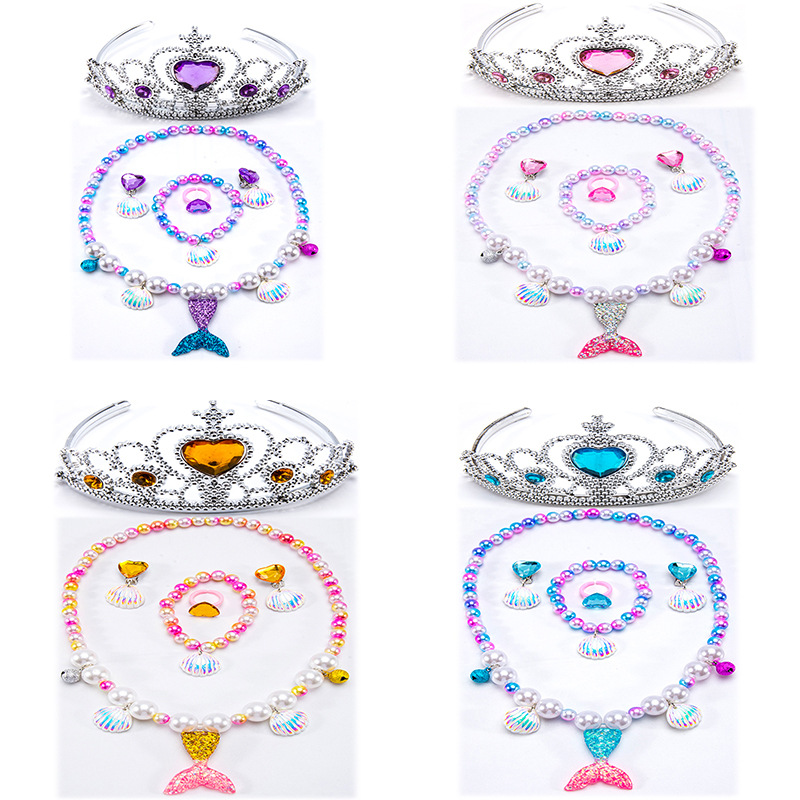 Cartoon Children's Jewelry Pearl Necklace Bracelet Ear Clip Ring Crown Shell Fish Tail Girls' Children's Style