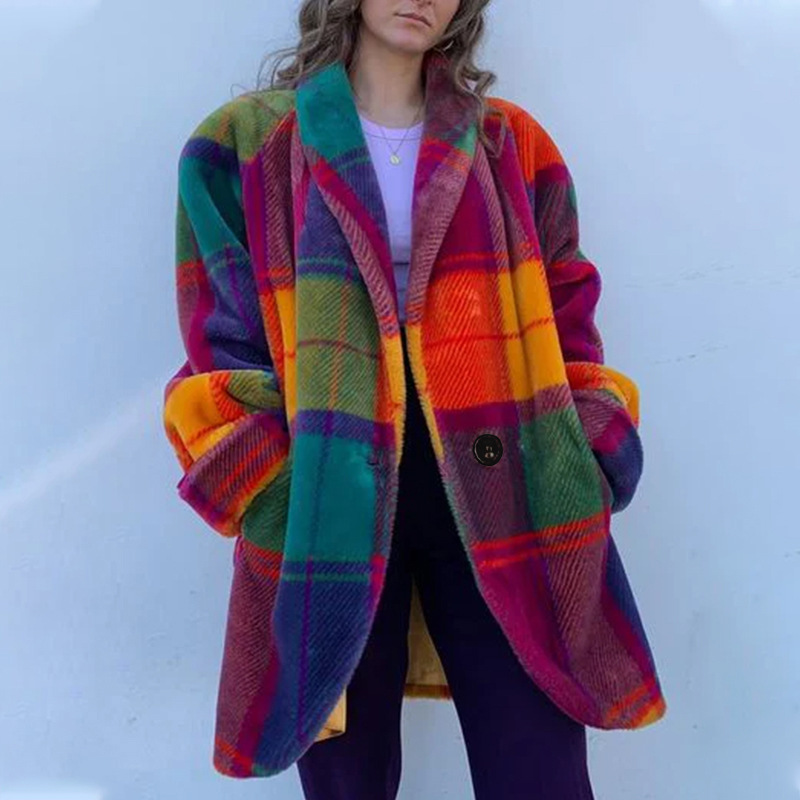 Picture of 2025 Cross-Border European and American Autumn Export Women's Clothing Amazon Long-Sleeved Lapel Color-Blocked Outwear Printed Woolen Long Outwear