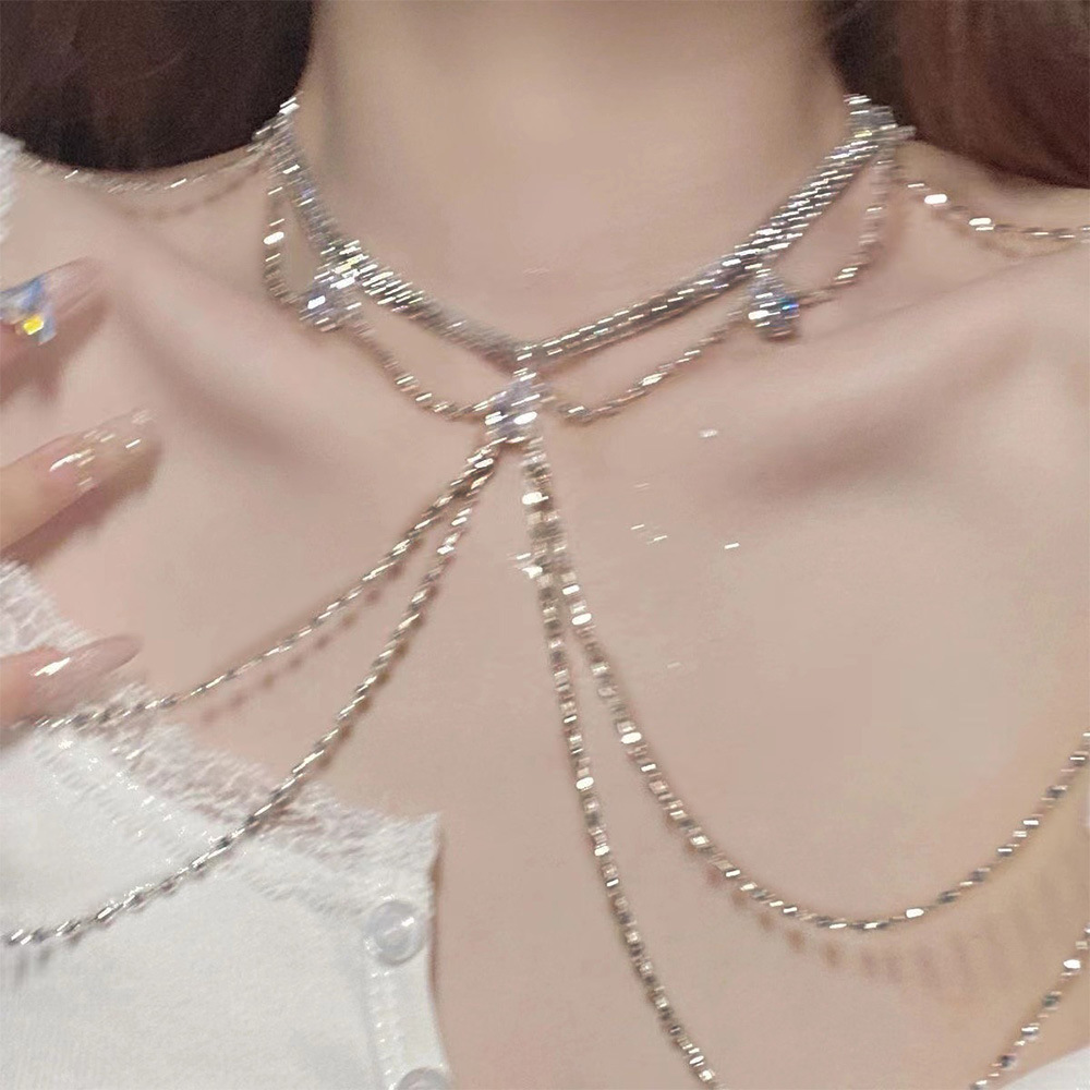 Light Luxury Dress Accessories, Tassel Shoulder Chain, Fashionable Diamond Body Chain, Niche High-End Elegant Necklace, Rhinestone Chest Chain