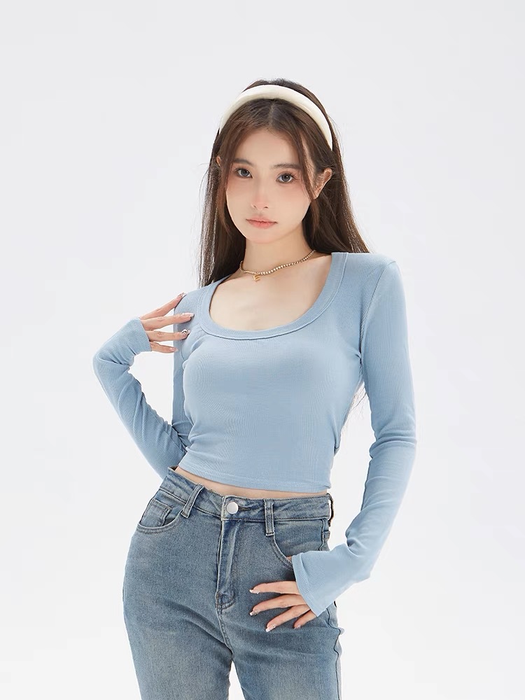 Hong Kong-style Blue U-neck Base Shirt Women's Autumn Thin Slim-fit Stretch Thread Cotton T-shirt All-match Short Long-sleeved Top