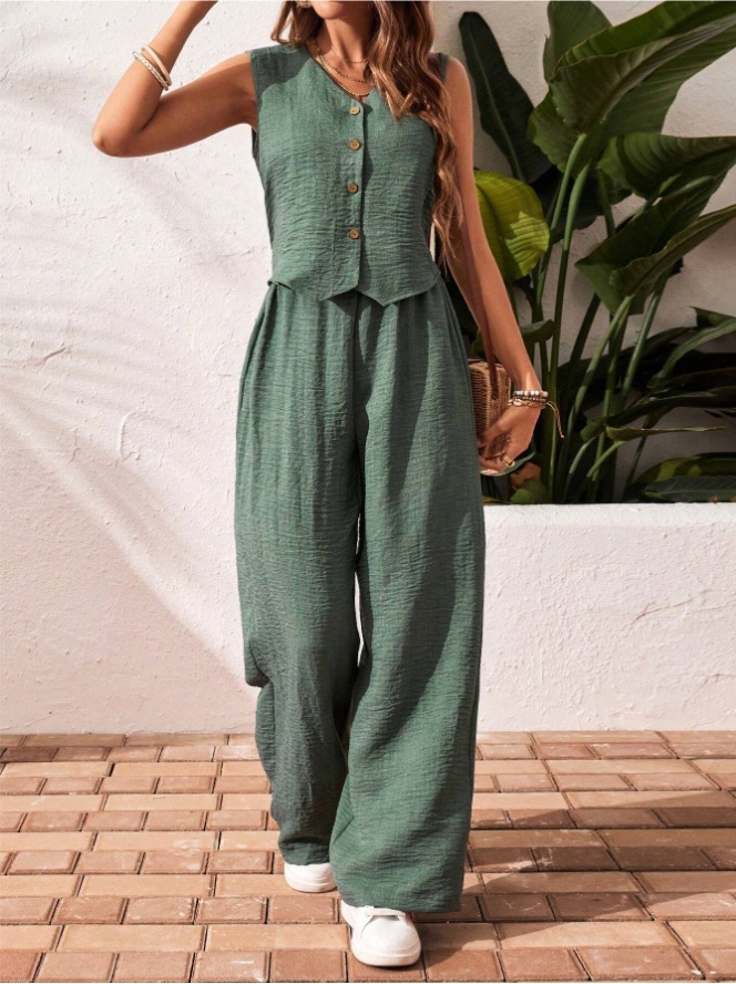 2025 Amazon Cross-border European and American Linen Summer Leisure Commuter Front Buckle Vest and Pants suit V-neck Vest