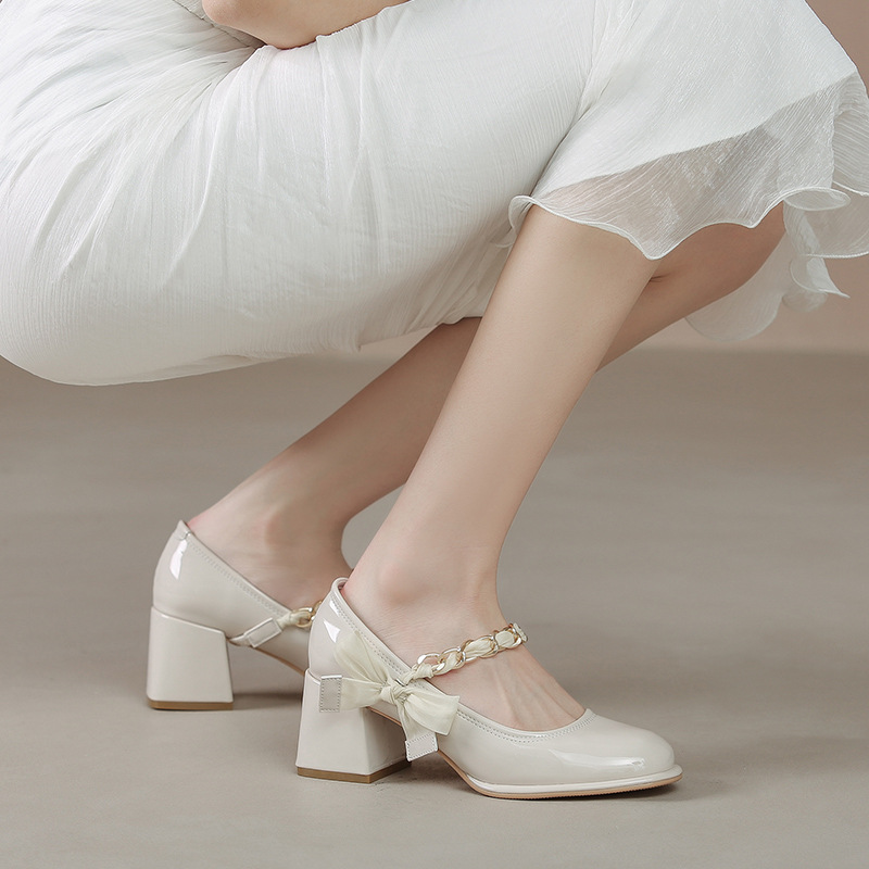 Women's high-heeled shoes for ethnic season Mary Jane shoes 2024 new women's shoes spring bow chunky heel shoes low-cut French single-layer shoes