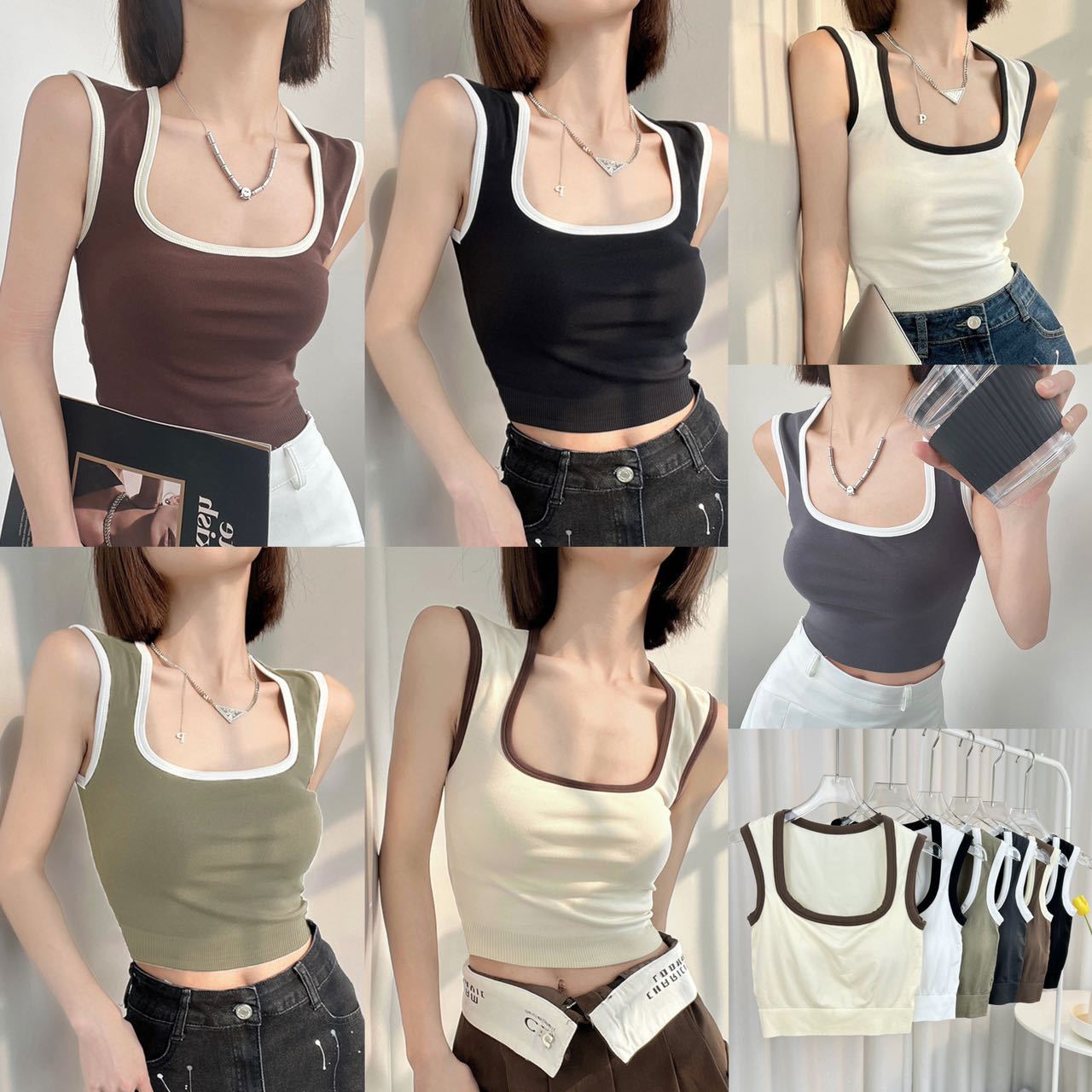 Contrast color edge sleeveless wide shoulder square collar vest inner strap chest pad hot girl short sports sling outer wear top