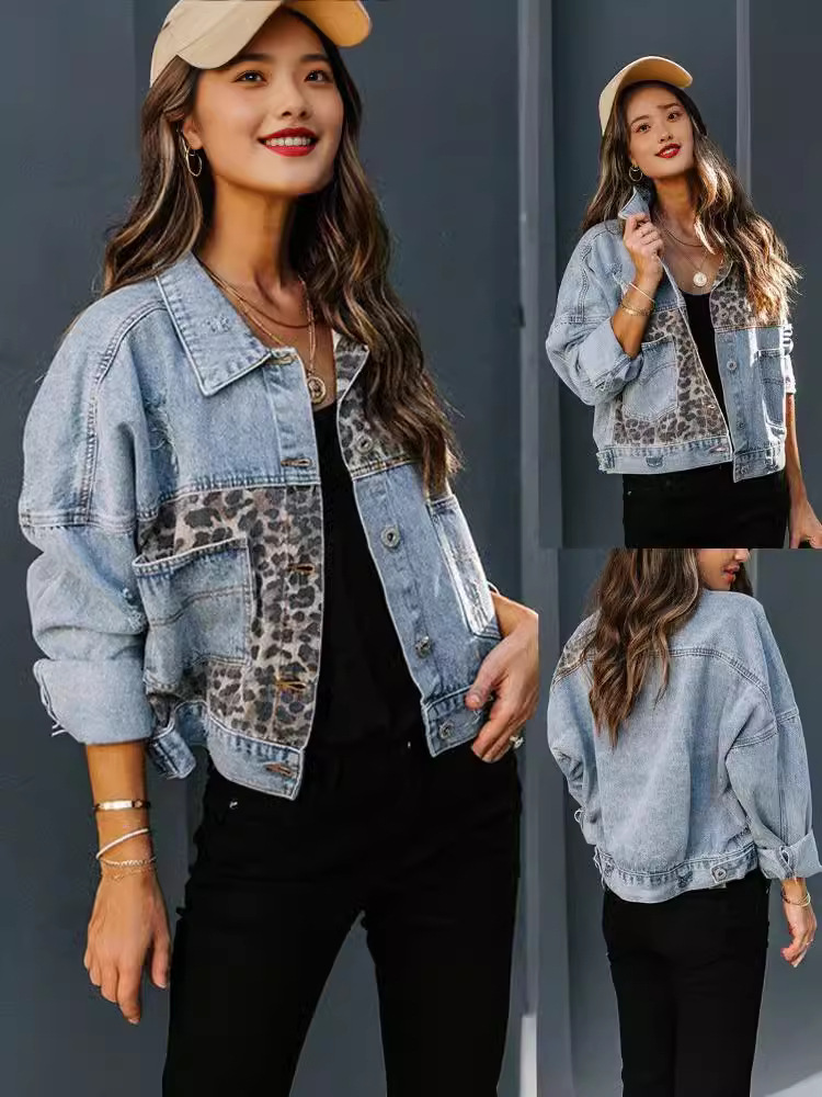 Cross-border autumn and winter Amazon Denim coat women's long sleeve independent station European and American Denim jacket coat women's leopard stitching